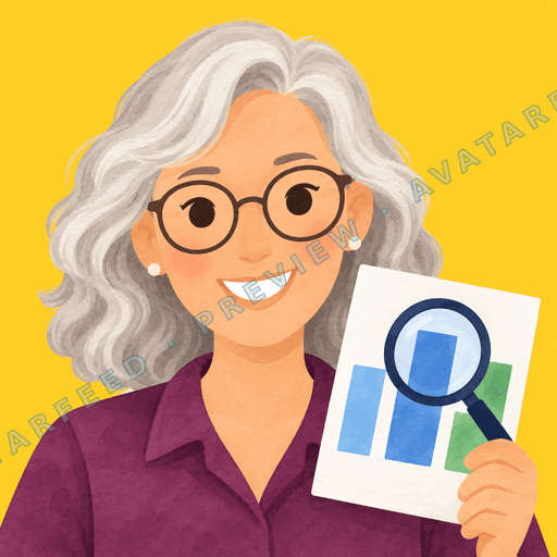A smiling woman with wavy gray hair and round glasses holds up a bar chart under a magnifying glass. This painted illustration uses warm brush-textured shading, a deep purple blouse, and a bright yellow background. Her earrings and broad smile give the profile image a friendly, approachable…