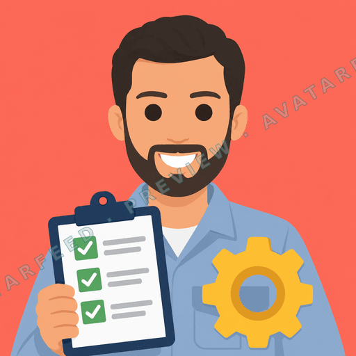 A smiling bearded man is shown in a flat vector illustration, wearing a blue work shirt with a large yellow gear emblem. He holds a clipboard with three green check marks, while his dark hair, neatly shaped beard, and warm coral background give the avatar a friendly, organized feel.