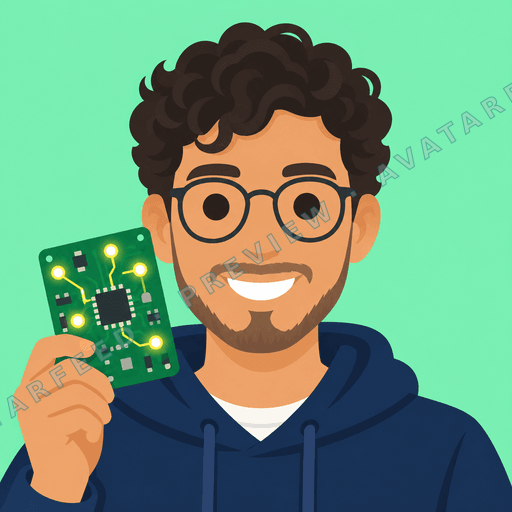 A smiling male developer holds up a small green circuit board. This colorful vector illustration shows curly dark hair, round glasses, and a short beard, along with a navy hoodie against a mint-green background.