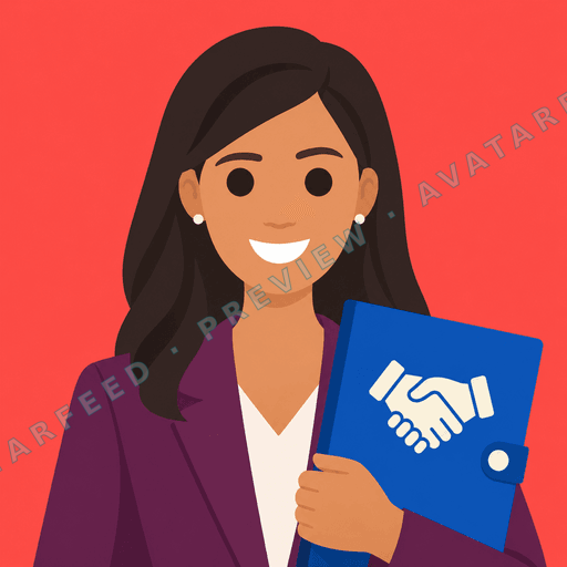 A smiling woman with long dark hair appears in a clean vector illustration. She wears a purple blazer over a white top and holds a bright blue folder marked with a handshake symbol. Small earrings, warm skin tones, and the vivid coral background give the portrait a friendly, polished presence for…