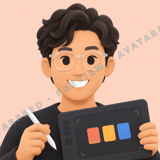 A smiling 3D illustrated man holds a stylus and graphics tablet. He has dark wavy hair, clear oversized glasses, and a black shirt, while three bright color swatches stand out on the tablet against a soft peach background.