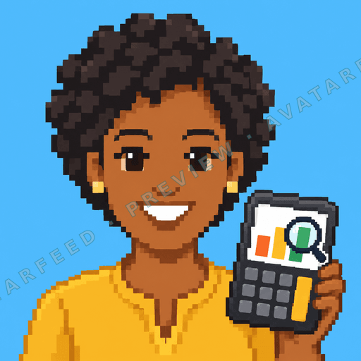 A smiling woman appears in a bright pixel-art portrait, wearing a yellow blouse and holding a large calculator. A magnifying glass rests over a colorful bar chart on its display, while her short textured hair and blue background give the image a lively, approachable feel.