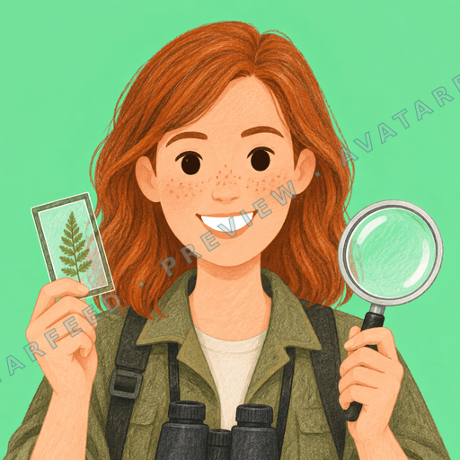 A smiling red-haired woman appears in a hand-drawn illustrated portrait, wearing an olive field jacket over a light shirt with backpack straps. She holds a magnifying glass in one hand and a leafy specimen card in the other, while binoculars rest at her chest. Freckles, warm green surroundings,…