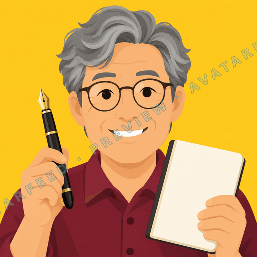A smiling older man with swept-back gray hair and round glasses holds a fountain pen beside an open notebook. This colorful vector illustration uses bold, clean shapes and a warm yellow background, with his burgundy shirt and expressive face adding personality.