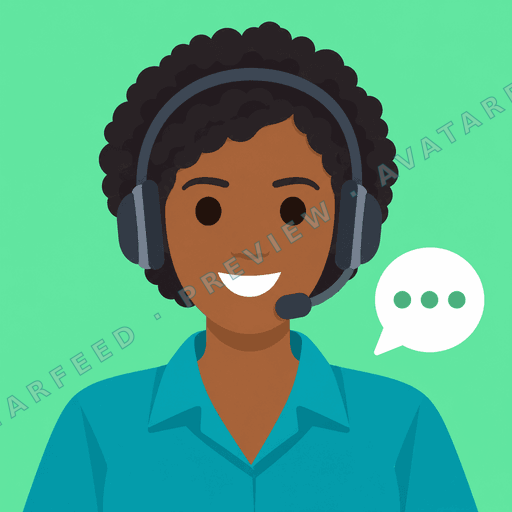 A smiling man with curly dark hair wears a teal collared shirt and a gray headset with a boom microphone. The flat vector illustration uses bold shapes and a bright mint-green background, with a white chat bubble beside him containing three green dots.