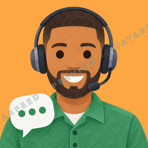 A smiling bearded man wears a headset with a boom microphone and a green collared shirt. This painted illustration uses warm orange tones and textured brushwork, with a white chat bubble beside him containing three green dots.