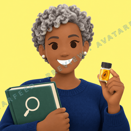 A smiling 3D-rendered woman with short silver curls holds a green magnifying-glass book and a small labeled sample vial. She wears a deep blue sweater and pearl earrings, set against a bright yellow background.