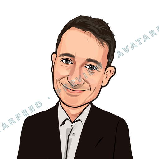 A vector-style profile avatar of a smiling man with short dark hair and expressive features. He wears a black blazer over a light collared shirt, creating a polished professional presentation against a clean white background.