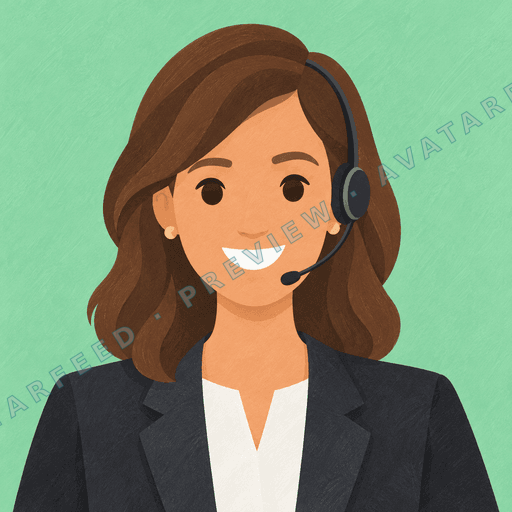 A hand-drawn profile avatar of a smiling female executive assistant with shoulder-length brown hair and a headset microphone. She wears a dark professional blazer over a white blouse against a soft mint-green background, presenting a polished meeting-coordination look.
