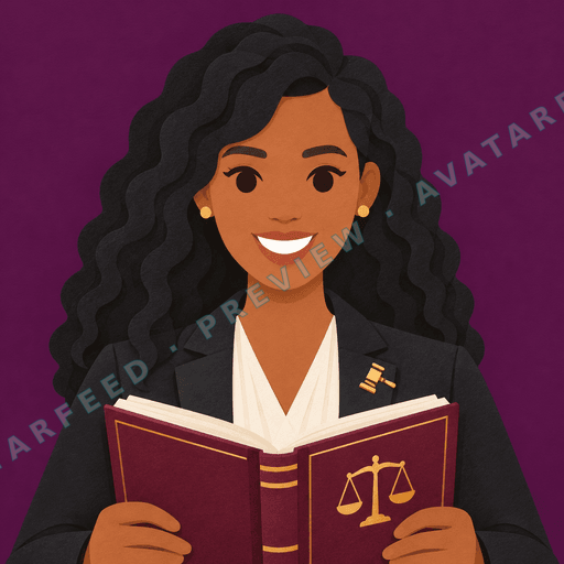 A cartoon profile avatar of a smiling female lawyer with long, wavy black hair and warm brown skin. She wears a dark professional blazer over a white blouse, with a legal lapel pin, and holds an open burgundy law book featuring a gold scales-of-justice emblem.