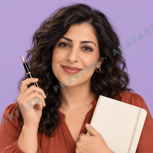 A smiling woman with wavy dark hair holds a pen in one hand and a blank notebook in the other. She wears a rust-red blouse with small hoop earrings, set against a soft lavender background. The warm expression and writing props give the profile image a friendly authorial feel.