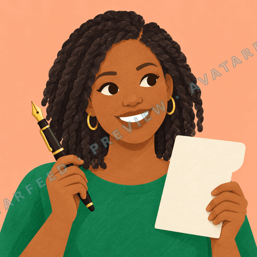 A smiling illustrated woman holds a fountain pen in one hand and a blank sheet of paper in the other. She wears a green top with gold hoop earrings, and her long dark braids frame her face. The warm peach background and expressive eyes give the painted portrait a friendly, creative feel.