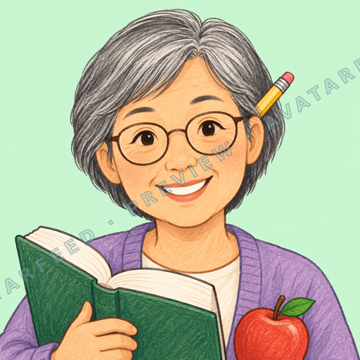 A smiling hand-drawn female teacher holds an open green book, with a pencil tucked behind her gray hair and round glasses framing her face. She wears a purple cardigan over a light shirt, while a bright red apple with a green leaf fills the lower corner. A soft mint-green background keeps the…