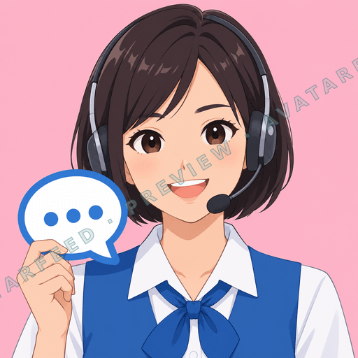 An anime-style woman smiles toward the viewer while wearing a headset with a microphone. She has short dark hair, a blue uniform with a white collar and bow, and holds a speech bubble with three dots against a pink background.