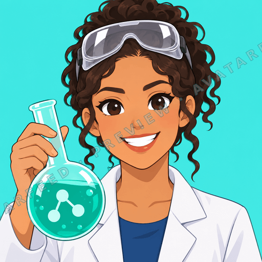 An anime-style female scientist smiles while holding a bright turquoise flask with molecular shapes inside. She wears a white lab coat over a dark blue shirt, with curly brown hair and protective goggles resting on her head. The vivid aqua background and glowing liquid give the portrait an…