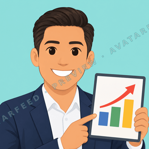 An anime-style illustration shows a smiling man in a navy suit and white shirt, holding a presentation board with colorful bars and a rising red arrow. He points toward the chart while looking directly ahead. His neatly swept dark hair and bright expression give the profile image an upbeat,…