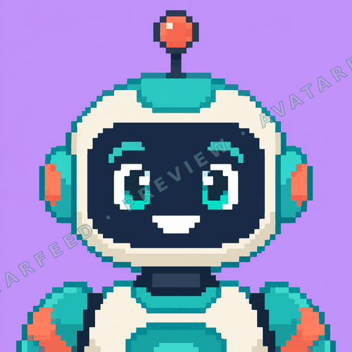 A cheerful pixel-art robot fills the image, with a round cream-colored face, dark navy features, and bright turquoise eyes. Turquoise side panels and shoulder pieces contrast with coral-red accents, while a small red-topped antenna sits above its head. The purple background gives the avatar a…