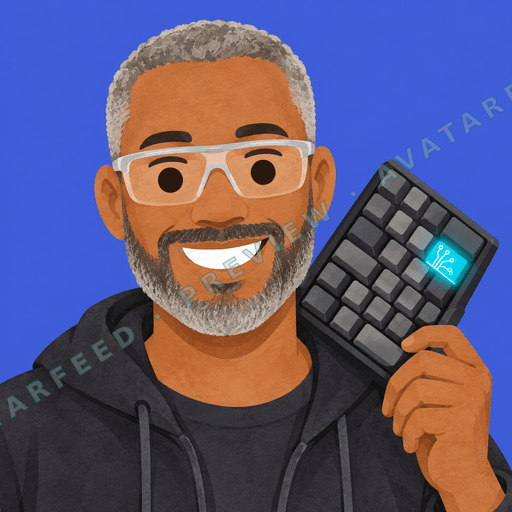 A painted illustration shows a smiling bearded man with short gray hair and large glasses. He wears a dark hoodie and holds up a compact mechanical keyboard with a bright blue code symbol on one key. The vivid blue background and broad grin give the profile image an upbeat, approachable feel.
