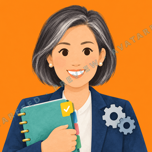 A smiling woman is shown in a painted portrait against a bright orange background. She wears a navy blazer over a white shirt and holds a teal spiral notebook with a yellow checkmark. Silver gears on her lapel, pearl earrings, and a short dark bob with a lighter streak give the avatar a polished…