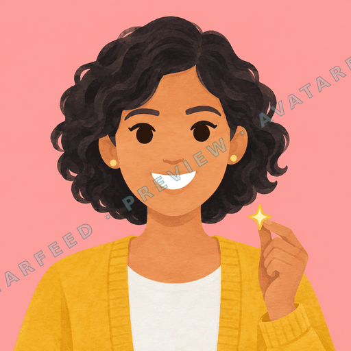 A smiling woman with warm brown skin and thick, curly dark hair appears in a painted illustration. She wears a mustard-yellow cardigan over a white shirt, with small gold earrings. One raised hand holds a bright, star-shaped sparkle against a soft pink background.