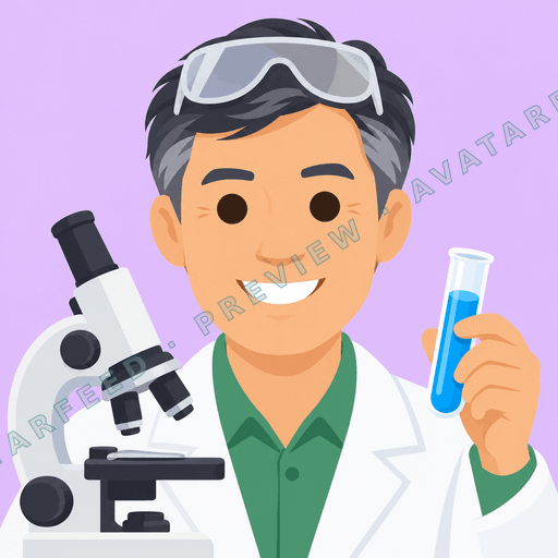 A smiling male scientist is shown in a clean vector illustration, wearing a white lab coat over a green shirt. He holds a blue test tube beside a microscope, with protective goggles resting on his dark hair. The lavender background and bright colors give the profile image a friendly, approachable…