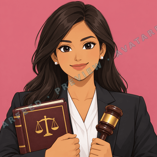 An anime-style female lawyer avatar with long dark hair, warm brown eyes, and a friendly expression. She wears a black professional blazer over a white blouse and holds a law book marked with scales of justice alongside a wooden gavel.