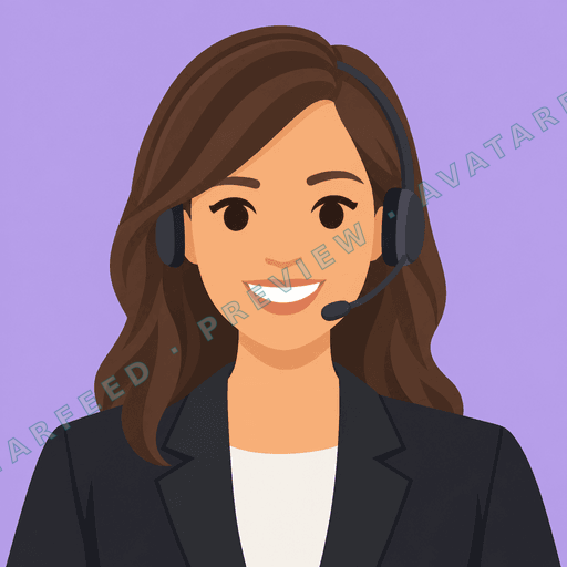 A vector profile avatar of a smiling woman with long brown hair, wearing a dark professional blazer over a light top. She wears a headset with a microphone, giving the image a polished executive assistant and communications-focused presentation against a soft purple background.
