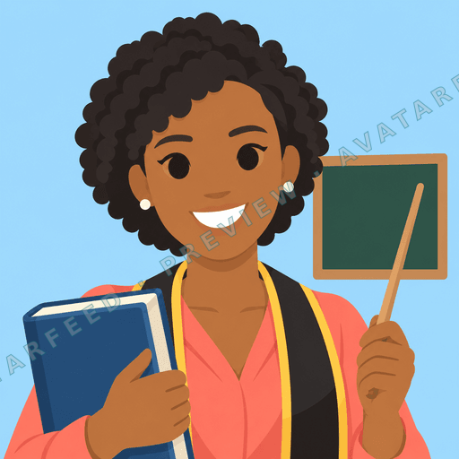 A smiling woman is shown in a clean vector illustration, holding a blue book and a pointer. She wears a coral blouse with a dark vest, small pearl earrings, and has short, full curly hair. A green chalkboard sits behind her against a bright blue background.