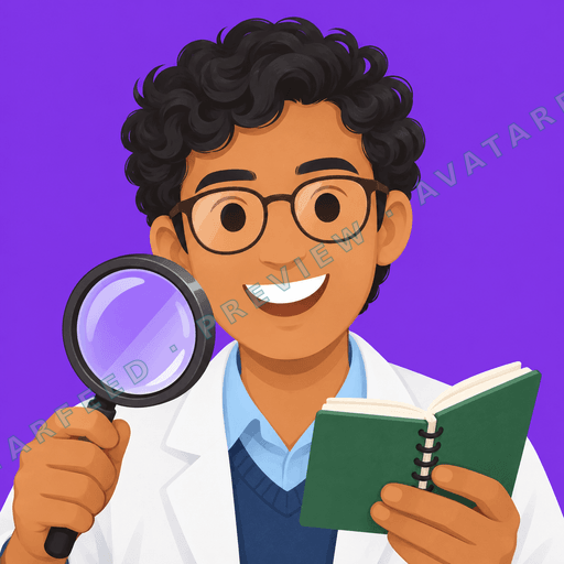 A smiling cartoon man with curly dark hair and round glasses holds a magnifying glass and an open green notebook. He wears a white lab coat over a blue sweater and collared shirt, with a bright purple background behind him. The research props and warm expression give the profile image a curious,…