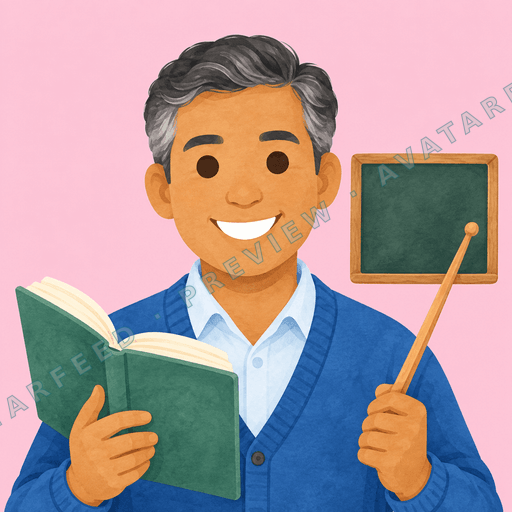 A smiling male teacher holds an open green book and a wooden pointer in front of a small chalkboard. This painted illustration shows neatly styled dark hair with gray streaks, a light blue collared shirt, and a blue cardigan. The warm pink background and broad friendly expression give the profile…