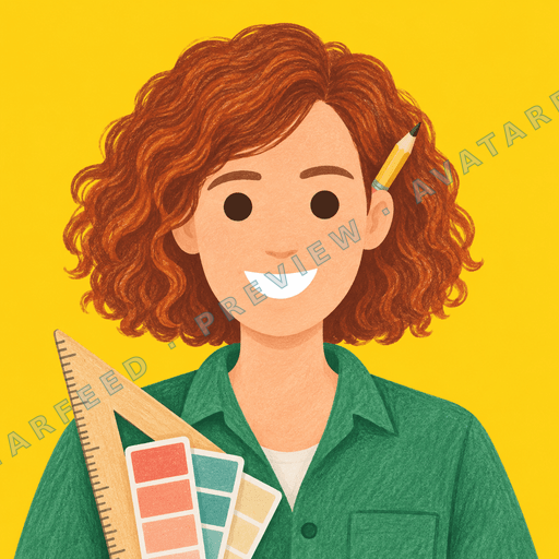 A smiling woman with curly red hair appears in a hand-drawn illustration, wearing a green collared shirt over a light top. A pencil is tucked into her hair, and she holds a triangular ruler beside a set of color swatches. The bright yellow background gives the profile image a cheerful, creative…