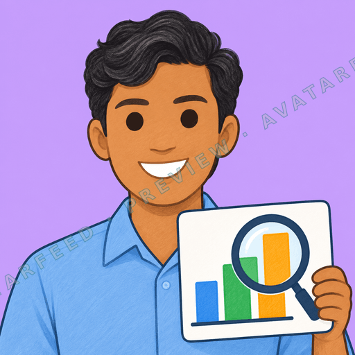 A smiling male-presenting illustrated analyst holds a report showing colorful bar charts under a large magnifying glass. He wears a blue collared shirt, with thick wavy black hair and a bright purple background behind him.