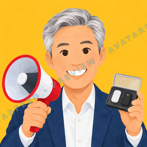 A smiling gray-haired man in a navy blazer and white shirt holds a red-and-white megaphone in one hand and a small open device in the other. This painted illustration uses warm shading, rounded features, and a bright yellow background, giving the profile image an upbeat business-development feel.