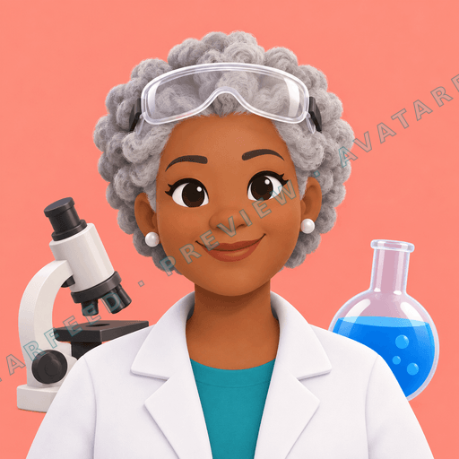 A smiling woman with short, curly gray hair wears a white lab coat over a teal shirt. Safety goggles rest on her head, while a microscope and a blue-filled flask appear behind her against a coral background. The rounded 3D illustration style gives the profile image a friendly, polished look.