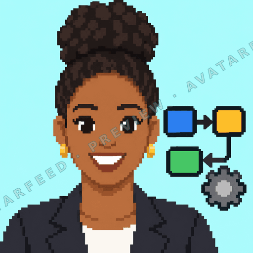 A smiling woman appears in a deliberate pixel-art portrait, wearing a dark blazer over a light shirt. Her hair is gathered into a high bun, with bright earrings and expressive eyes. Blue, yellow, and green workflow blocks beside her connect to a gray gear, reinforcing the Operations theme.