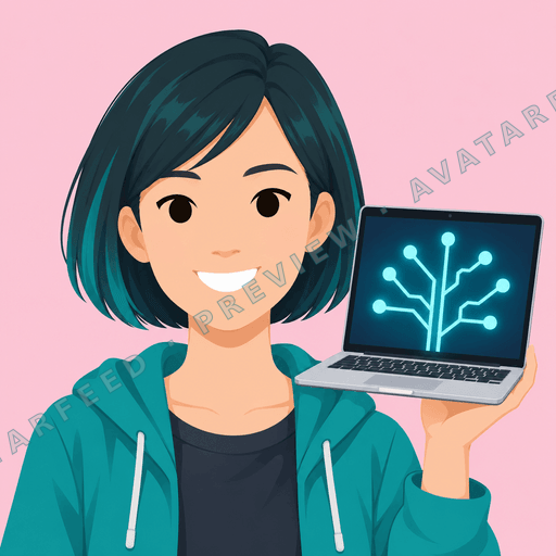 A smiling anime-style woman with a short teal-black bob holds up an open laptop. She wears a teal hoodie over a dark shirt, and the screen shows a bright branching network symbol. The soft pink background and cheerful expression give the profile image a friendly, approachable feel.