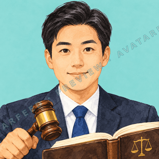 A painted profile avatar depicts a smiling male lawyer with dark hair, wearing a navy suit, white shirt, and blue tie. He holds a wooden gavel beside an open law book marked with balanced scales, set against a bright turquoise background.