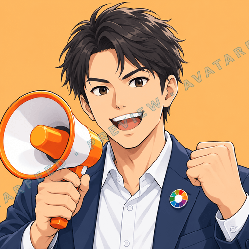 An anime-style profile avatar shows a cheerful male marketer with tousled dark hair, a bright smile, and an energetic pose. He wears a navy blazer over a white shirt with a colorful circular pin, holding an orange-and-white megaphone while raising his other fist enthusiastically.