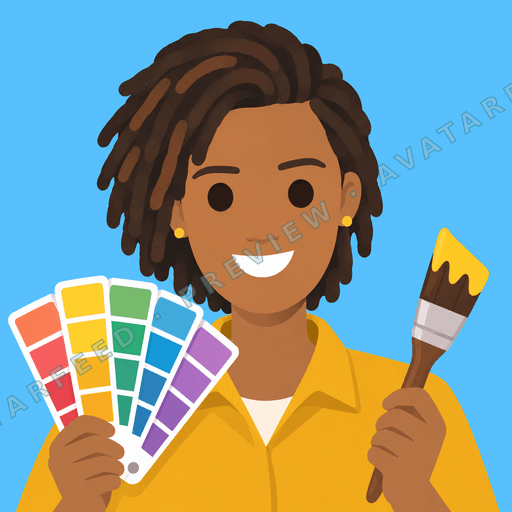 A smiling woman with dark locs wears a bright yellow shirt and holds a fan of colorful paint swatches. She also carries a large paintbrush tipped with yellow paint. The clean vector illustration uses a vivid blue background and small gold earrings for added color.