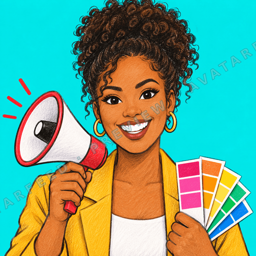 A hand-drawn profile avatar of a smiling woman with curly dark hair, gold hoop earrings, and a bright yellow jacket over a white top. She holds a megaphone and colorful marketing swatches against a vivid turquoise background, giving the image an energetic marketer and brand-promotion feel.