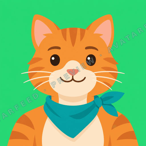 A bright orange cartoon cat faces forward with wide dark eyes, a pink nose, and a small smiling mouth. It wears a teal bandana tied at the side, with white whiskers and darker orange stripes across its face and shoulders. The bold green background makes the warm fur and scarf stand out.